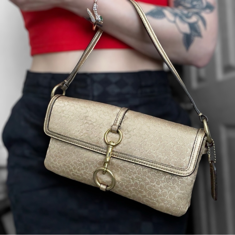 Vintage Coach Bag Gold Metallic Signature C Shoulder Purse Mini Handbag Shimmer
